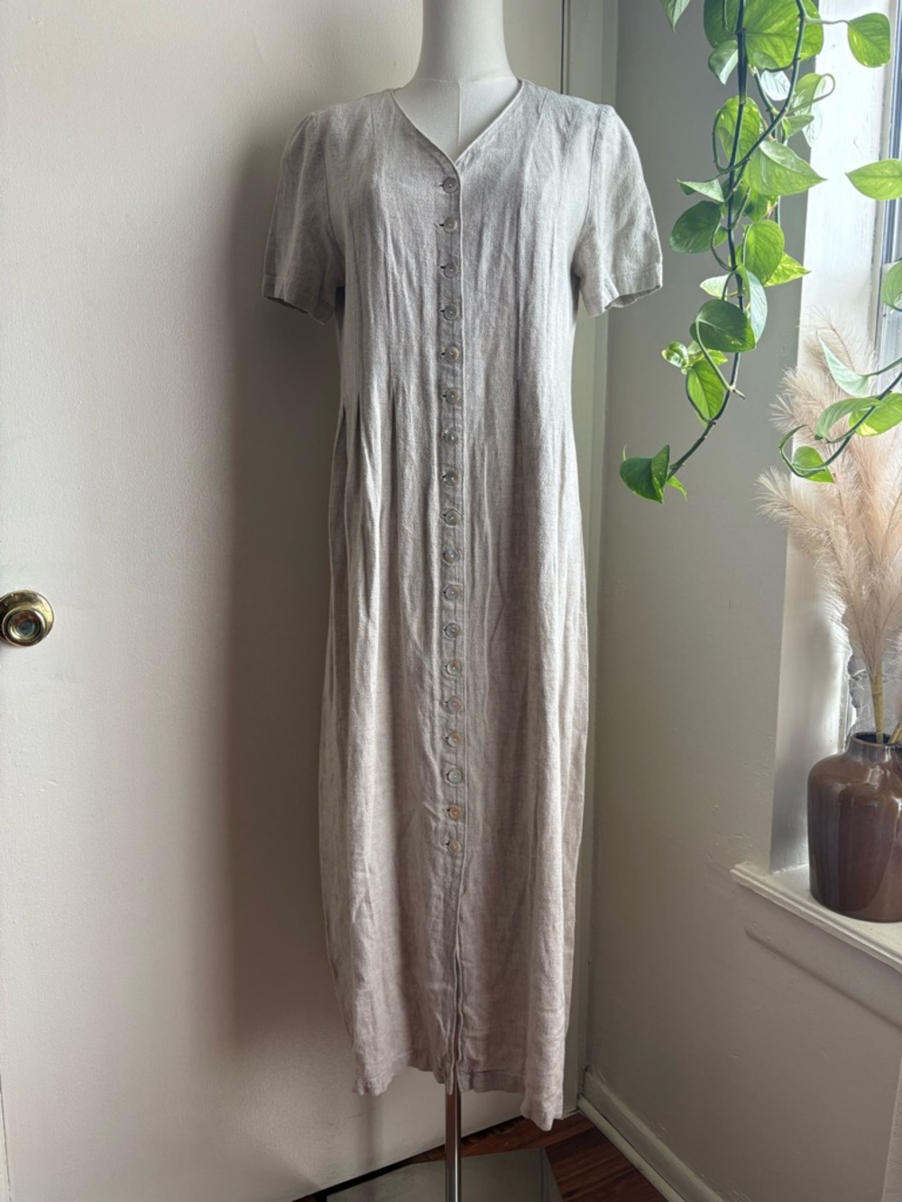 vintage orvis khaki linen button front maxi dress